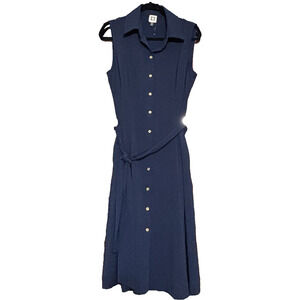New Anne Klein Long Button Sleeveless Dress Sz 10 Tie Stretch Navy Blue Office
